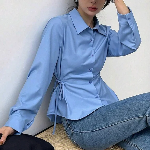 Solid Color Business Casual V-Neck Long Sleeve Cinched Waist Women Blouse - Picture 1 of 4